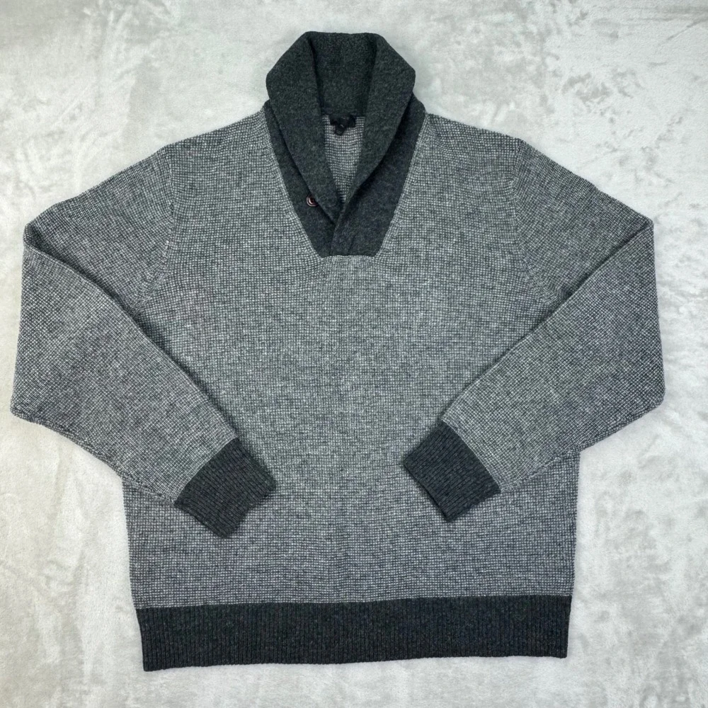 J Crew Sweater Mens XL Gray Regular Shawl Collar Wool Waffle Knit Pullover